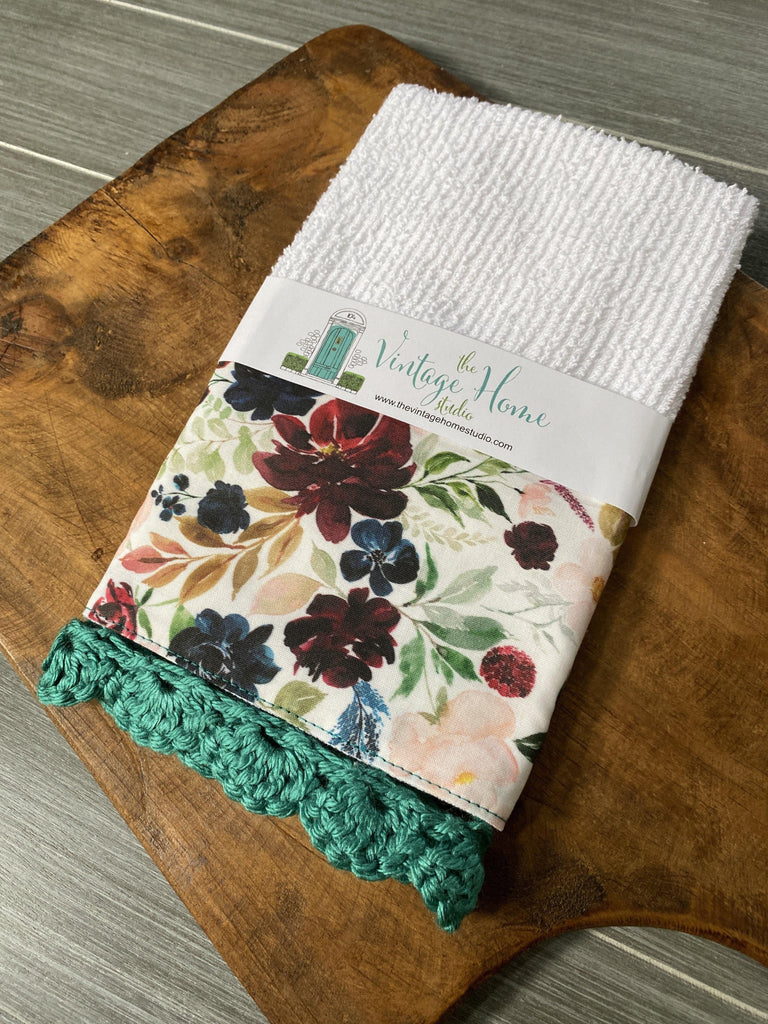 Burgundy Fall Bouquet Crochet Kitchen Bar Mop Towel - The Vintage Home Studio