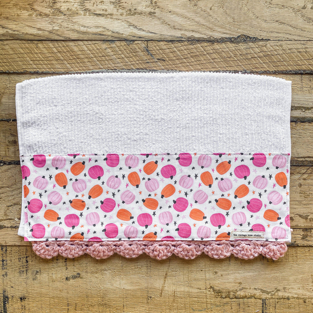 Pretty in Pink Pumpkins Crochet Kitchen Towel from the Crochet Kitchen Bar Mop Towel Collection at The Vintage Home Studio, an affordable home decor store in North Wilkesboro, NC.