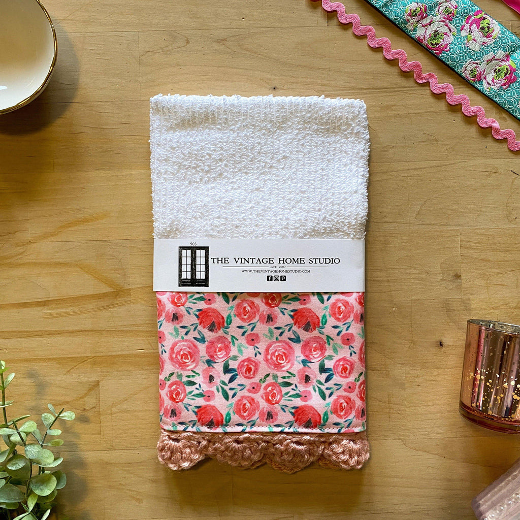Pretty Pink Roses Crochet Kitchen Towel - The Vintage Home Studio