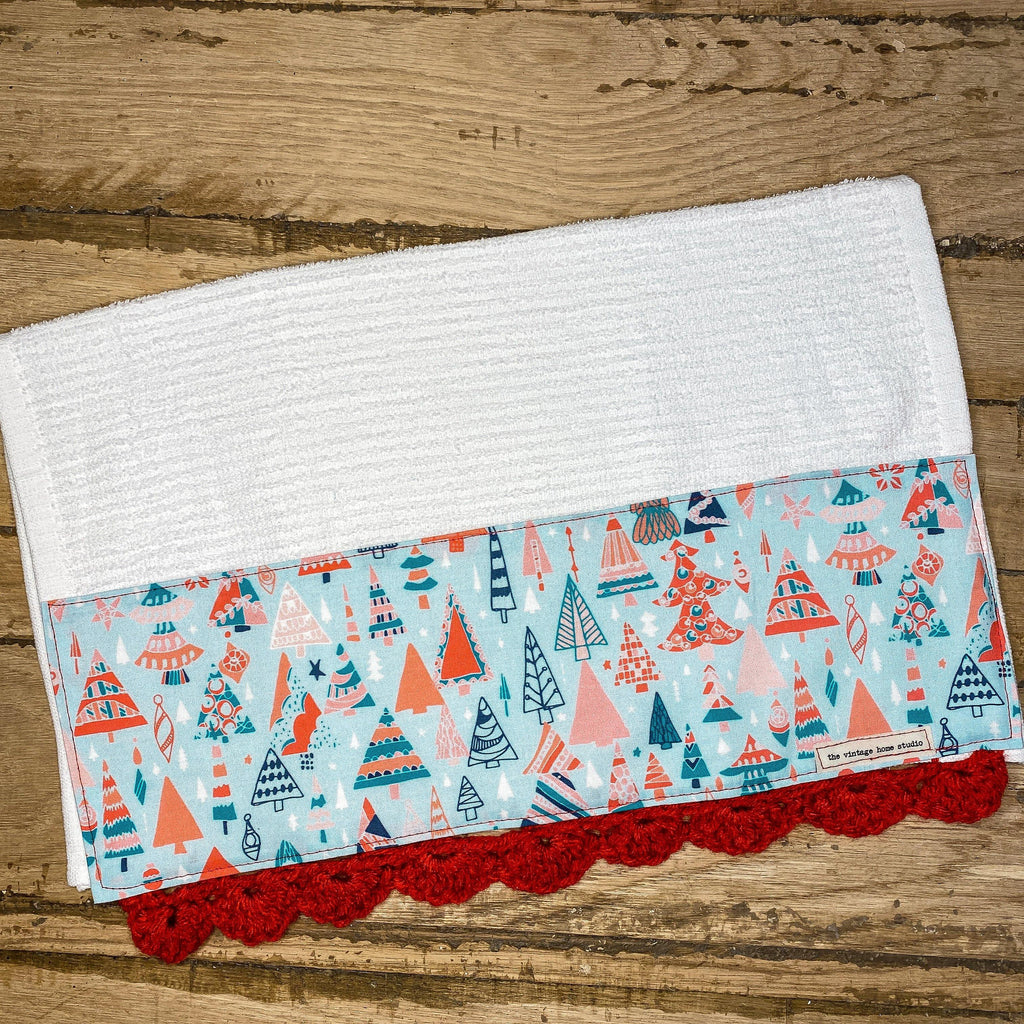 Pretty Little Christmas Trees Crochet Kitchen Towel from the Crochet Kitchen Bar Mop Towel Collection at The Vintage Home Studio, an affordable home decor store in North Wilkesboro, NC.