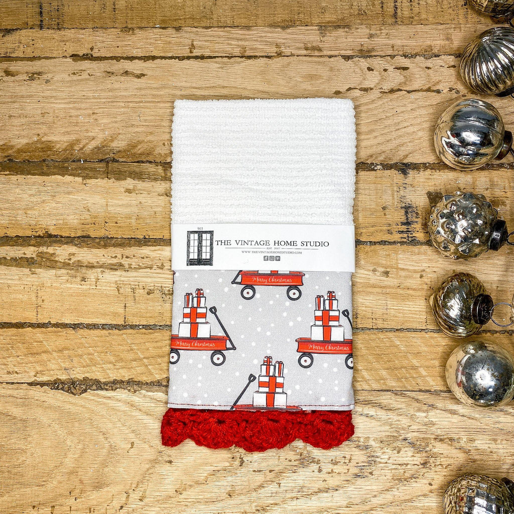 Little Red Christmas Wagon Crochet Kitchen Towel from the Crochet Kitchen Bar Mop Towel Collection at The Vintage Home Studio, an affordable home decor store in North Wilkesboro, NC.