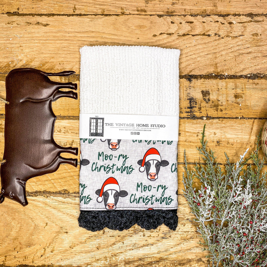 Moo-ry Christmas Crochet Kitchen Towel from the Crochet Kitchen Bar Mop Towel Collection at The Vintage Home Studio, an affordable home decor store in North Wilkesboro, NC.