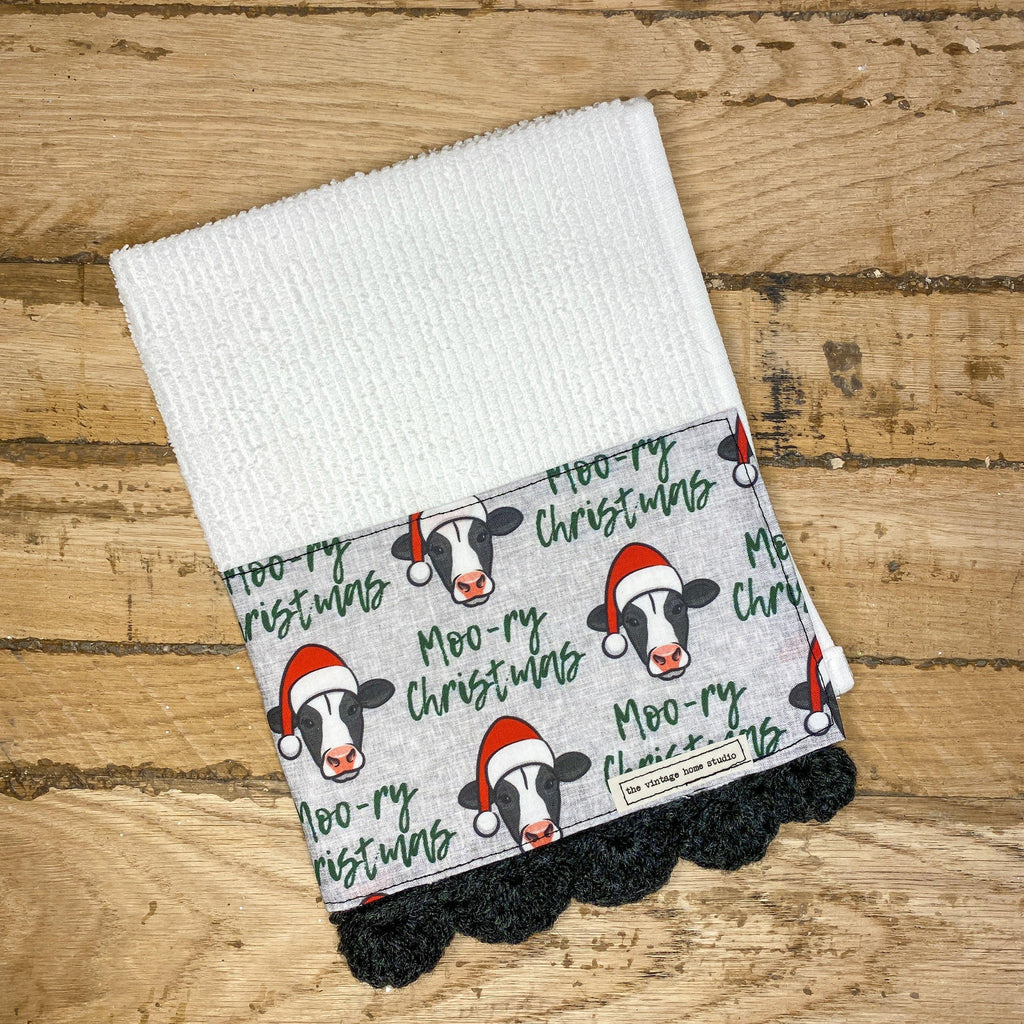 Moo-ry Christmas Crochet Kitchen Towel from the Crochet Kitchen Bar Mop Towel Collection at The Vintage Home Studio, an affordable home decor store in North Wilkesboro, NC.