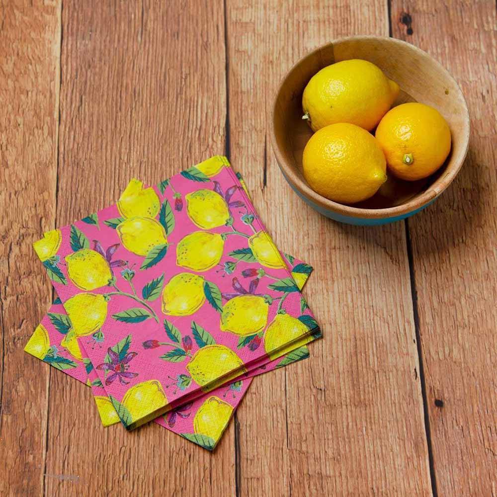 Pink Lemon Paper Lunch Napkins from the Dining Collection at The Vintage Home Studio, an affordable home decor store in North Wilkesboro, NC.