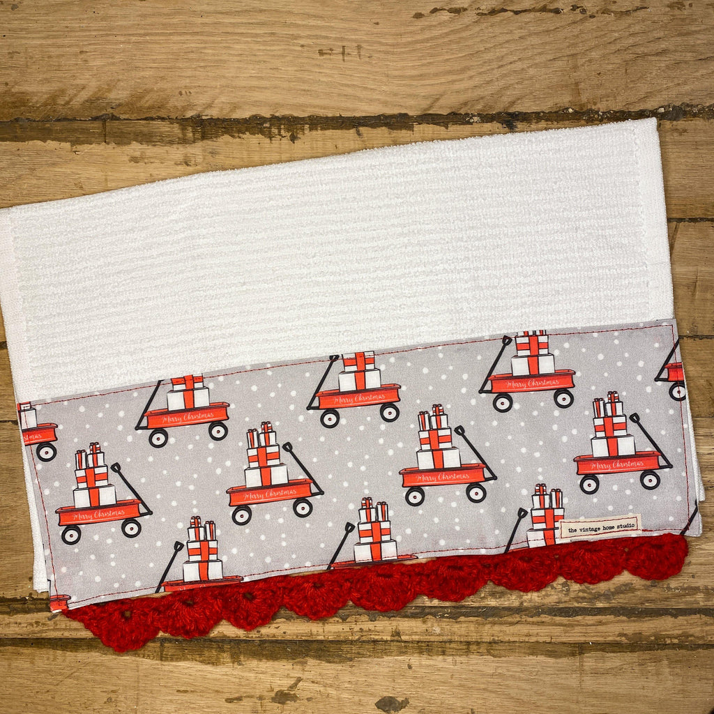 Little Red Christmas Wagon Crochet Kitchen Towel from the Crochet Kitchen Bar Mop Towel Collection at The Vintage Home Studio, an affordable home decor store in North Wilkesboro, NC.
