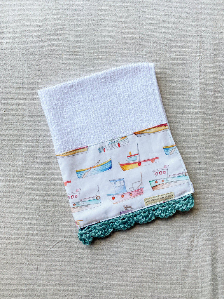Down by the Harbor Crochet Kitchen Towel from the Crochet Kitchen Bar Mop Towel Collection at The Vintage Home Studio, an affordable home decor store in North Wilkesboro, NC.