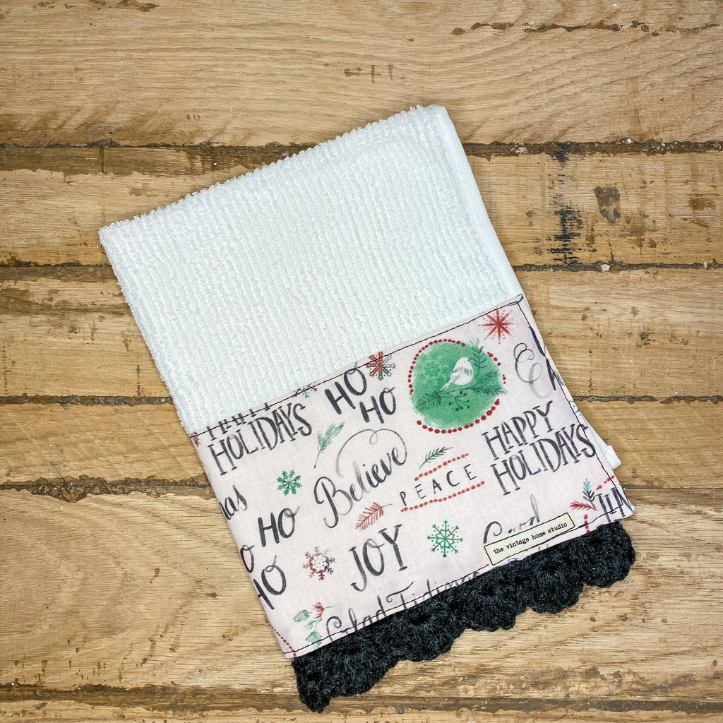 Words of Christmas Crochet Kitchen Towel from the Crochet Kitchen Bar Mop Towel Collection at The Vintage Home Studio, an affordable home decor store in North Wilkesboro, NC.